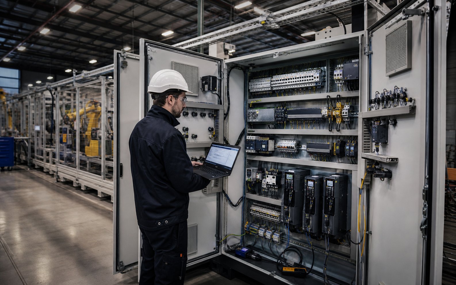 Quadro de comandos elétricos numa instalação industrial