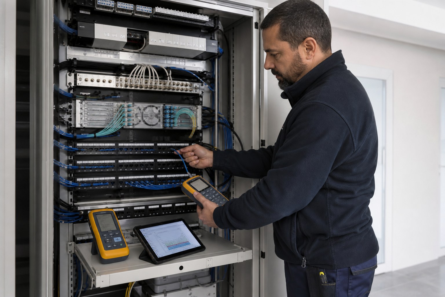 Técnico a realizar ensaios numa rede ITED de cobre, coaxial e fibra
