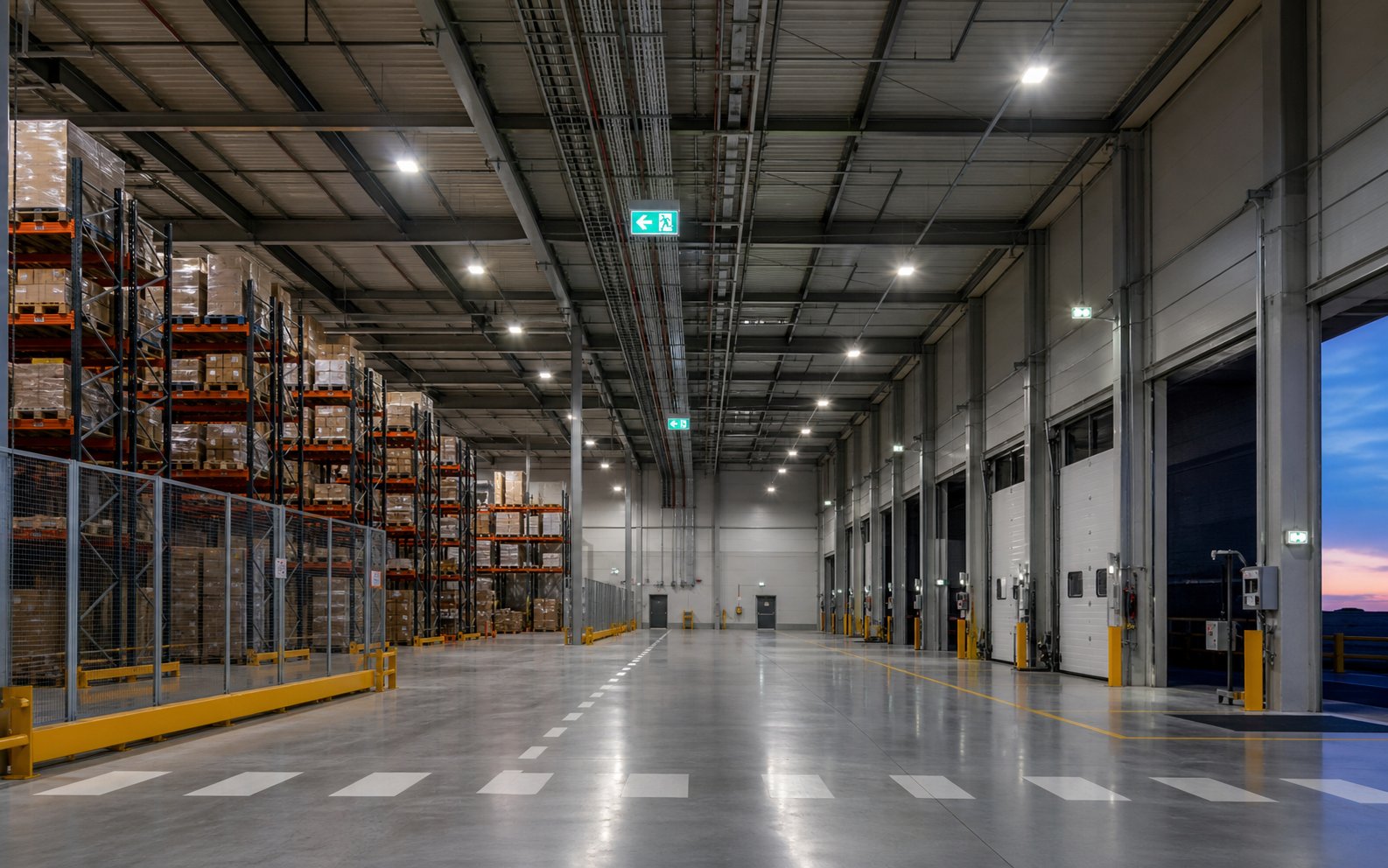 Armazém com iluminação industrial e sinalização de emergência