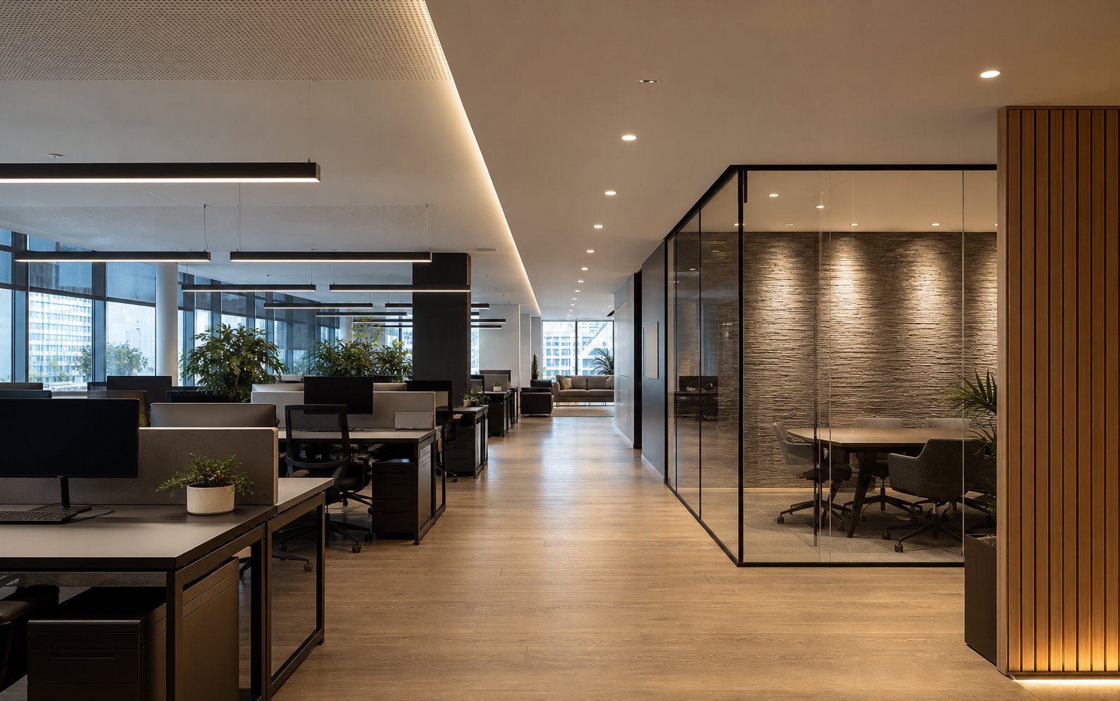 Escritório com luminárias lineares, downlights e iluminação indireta