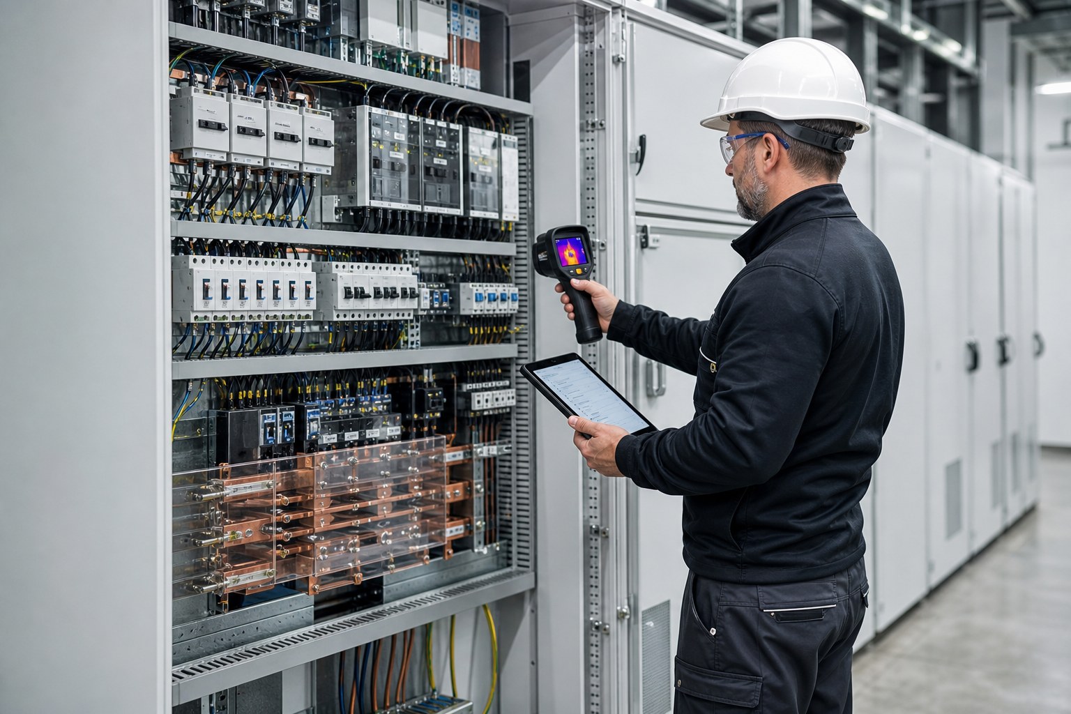 Técnico responsável a realizar uma inspeção termográfica num quadro elétrico
